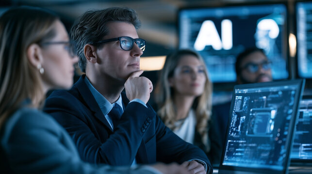 Business executives analyzing artificial intelligence software on screens, future tech development
