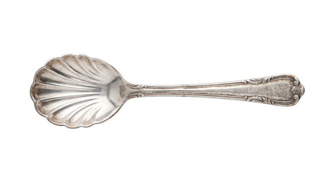 Antique silver-plated serving spoon with a decorative shell-shaped bowl and an ornate handle, viewed from directly above on a white background