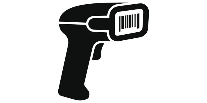 Black barcode scanner gun icon with a barcode on screen representing digital inventory management and retail checkout technology.
