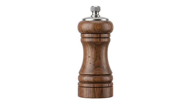 Elegant wooden pepper mill with a brushed metal top, featuring a classic design and natural wood grain texture, isolated on a clean white background