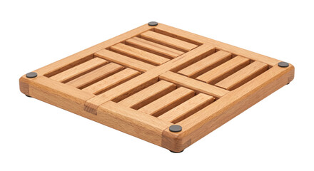 Square light brown wooden trivet with a slatted design and dark gray non-slip feet, isolated on a white background © no one