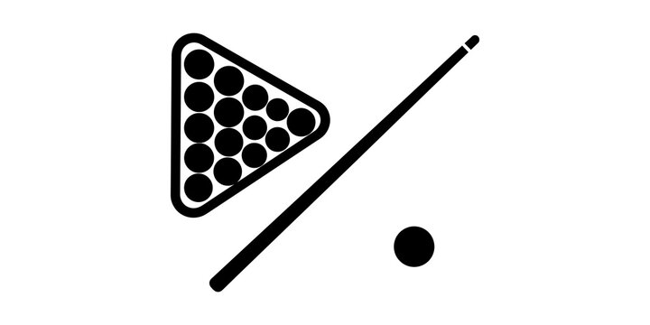 Black pool billiards rack of balls and cue stick with a cue ball for game illustration.