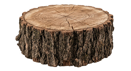 Obraz premium Rustic natural wooden tree stump with visible growth rings and rough bark texture, isolated on a clean white background
