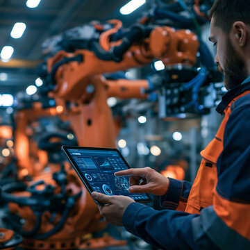 Engineer using tablet for controlling smart factory automation with robotic arm in manufacturing industry