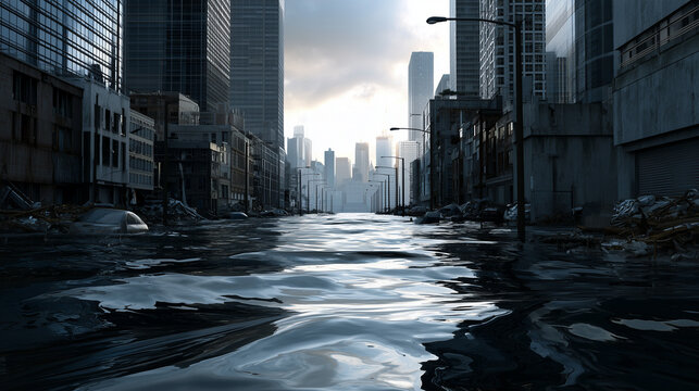 Flooded urban street with submerged vehicles and damaged buildings in a post-apocalyptic cityscape, climate change disaster