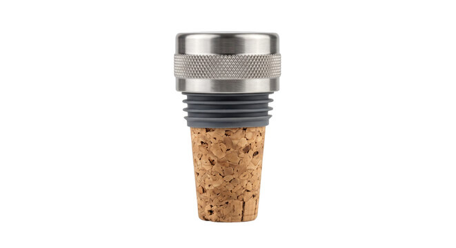 Modern wine stopper featuring a brushed stainless steel top with a textured band and a natural cork base, isolated on a clean white background