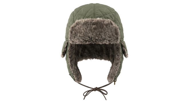 Green quilted trapper hat with gray faux fur lining and ear flaps, isolated on a white background