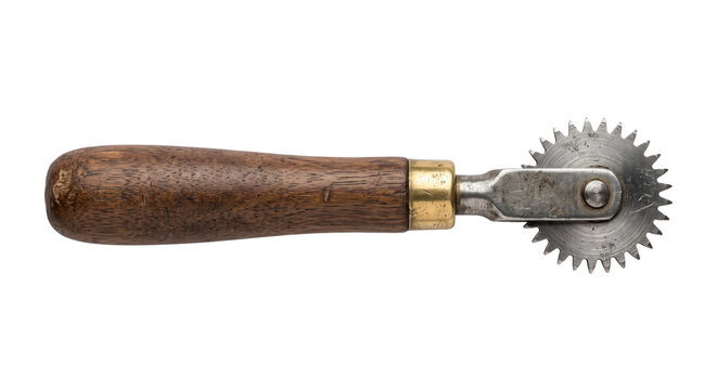 Antique tracing wheel with a rustic wooden handle and a brass ferrule, featuring a sharp metal serrated wheel, isolated on a clean white background