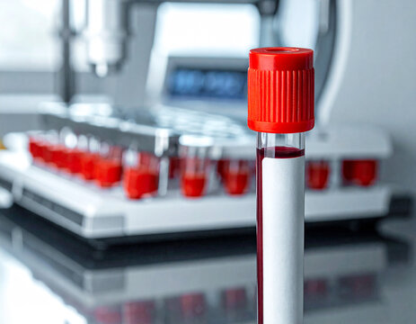 Medical Analysis: A close-up shot of a blood sample in a test tube with a red cap, in a laboratory setting, with rows of other blood samples and medical equipment in the background.