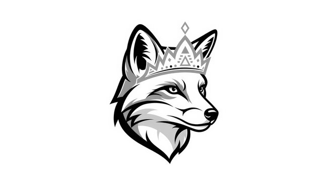 Stylized black and white illustration of a fox wearing a crown isolated on white background