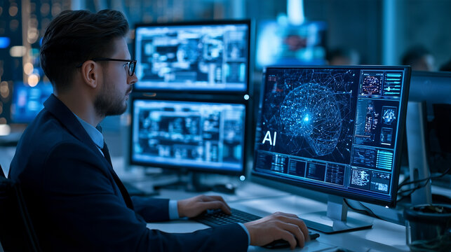 Professional man working on computer with artificial intelligence neural network graphic displaying AI