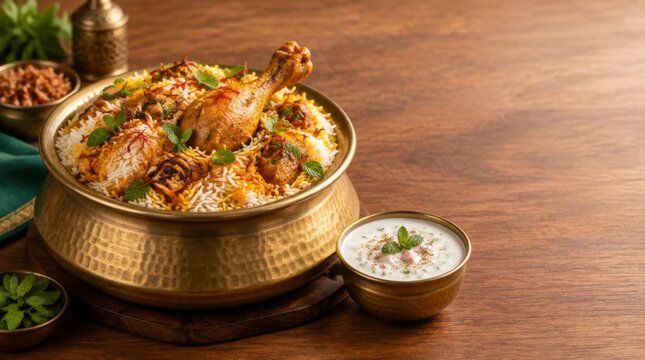 Traditional chicken biryani served in metallic bowl with yogurt dip