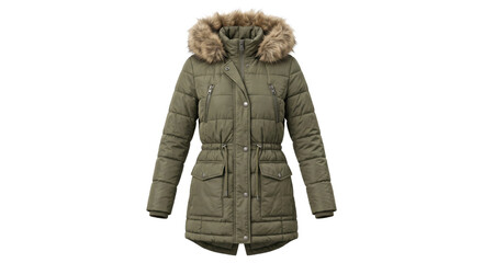 Stylish olive green quilted women's parka with a fur-lined hood, presented on a clean white background © no one
