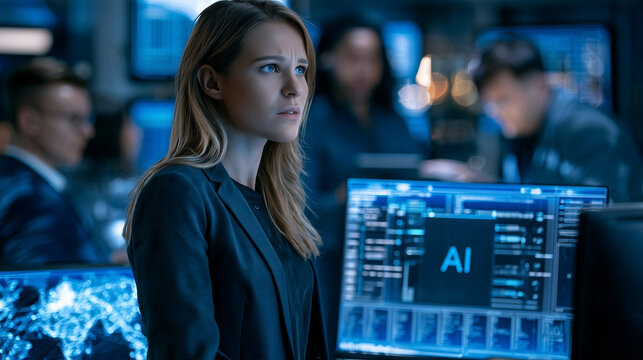 Female specialist intently monitoring artificial intelligence systems in a secure operations center with AI on screen