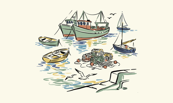 Artistic sketch of a fishing village harbor with boats, sailboats, and lobster traps on the water