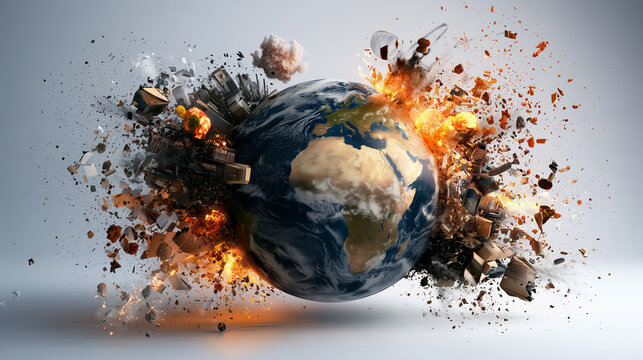 Earth experiencing global collapse with exploding structures, symbolizing climate change, economic crisis, and conflict