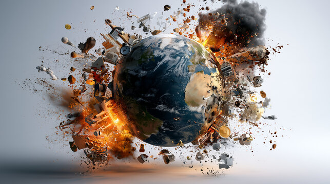 Planet Earth breaking apart, surrounded by symbols of climate change, economic inflation, and environmental damage