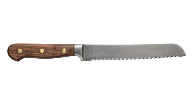 Professional serrated bread knife with a textured stainless steel blade and a classic wooden handle, isolated on a white background