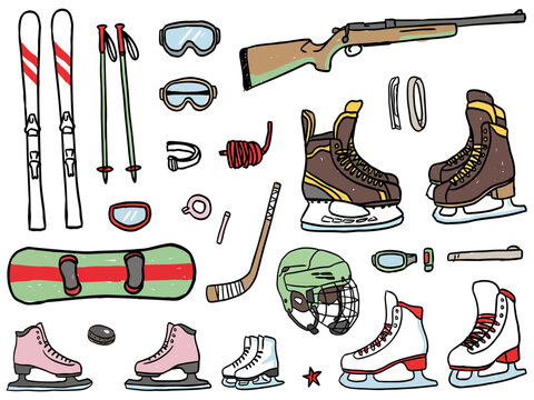 Colorful illustration of winter sports and ice skating equipment collection