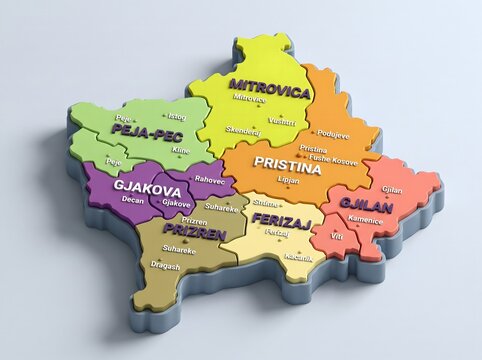 Colorful 3D extruded map of Kosovo with labeled districts