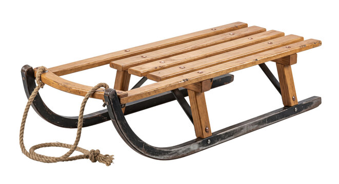 Classic wooden sled with metal runners and a rope handle, isolated on a clean white background, ready for winter fun