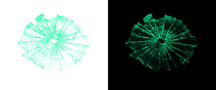Green Shattered Glass Hole Overlay with Radial Cracks on Black and White Background