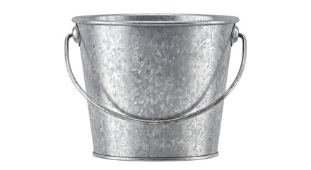 Classic galvanized metal bucket with a sturdy handle, showcasing its textured surface and slight imperfections on a clean white background © no one