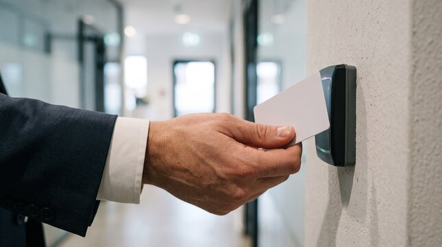 Businessman Using Key Card on Electronic Wall Reader to Open Office Door