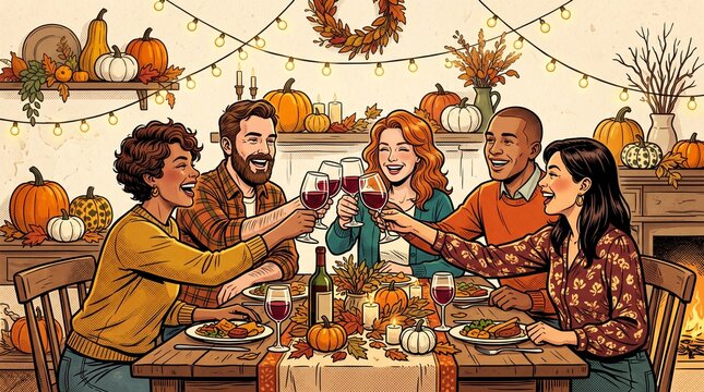 Illustrated group of friends cheersing with wine glasses around a festive table, string lights and pumpkins in background, retro comic-style shading, cream backdrop, no text.