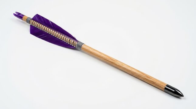 Traditional Wooden Archery Arrow with Purple Feathers and Metal Tip Isolated on White Background