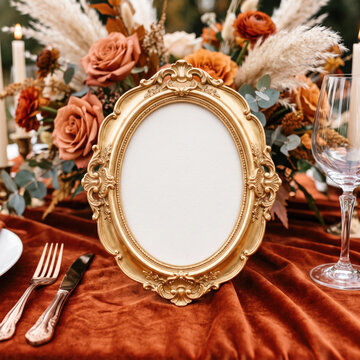 Table number mockup in an ornate gold oval frame on a luxurious autumn wedding table