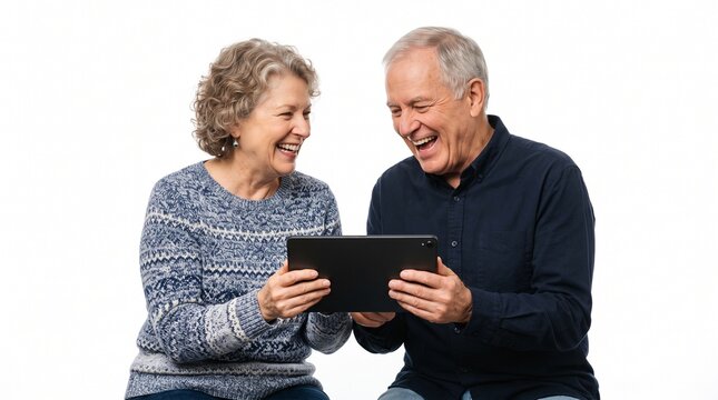 Joyful senior couple laughing together while looking at a tablet computer screen