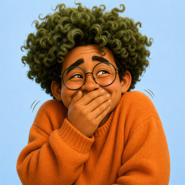 A young man with curly hair and glasses covering his mouth while laughing against a blue background