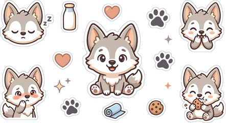 Obraz premium Adorable cartoon wolf cubs and related elements arranged in a playful sticker set design