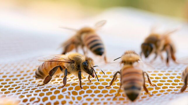 Honey bees crawling on white honeycomb mesh