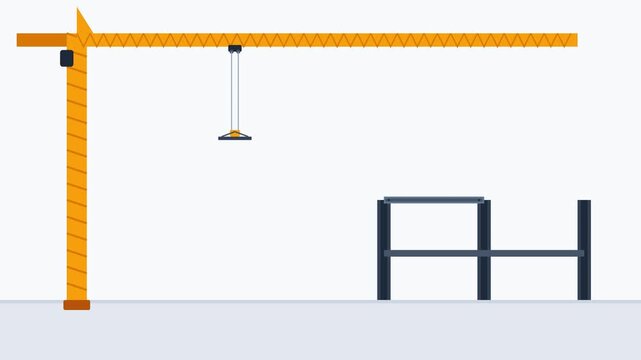 A tower crane lifts steel components that magnetically auto-align and snap into position, building a steel skeleton.