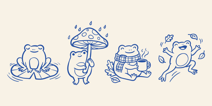 Cute frog character doodle set with mushroom umbrella and warm tea vector