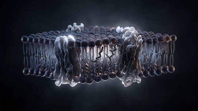 A 3D rendering of a cell lipid bilayer membrane with embedded integral proteins