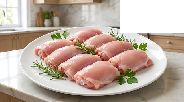 Raw chicken thighs on a white plate with fresh green herbs in a bright modern kitchen setting. boneless chicken thigh