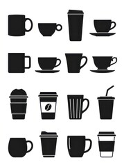 Obraz premium Set of Coffee and Tea Cup Silhouettes, Mugs, and Takeaway Paper Cups Icons Isolated on White Background for Cafe Design