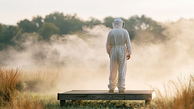 Person in white protective hazmat suit standing on wooden platform amidst fog
