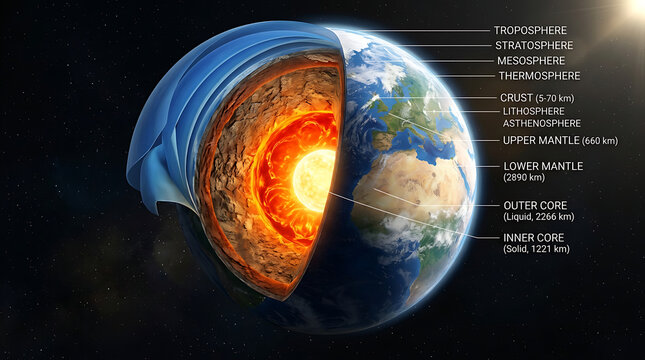 Cross-section diagram of the Earth showing internal layers and atmosphere