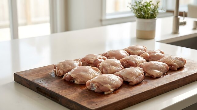 Raw chicken thighs arranged on a dark wooden cutting board in a bright modern kitchen interior. boneless chicken thigh