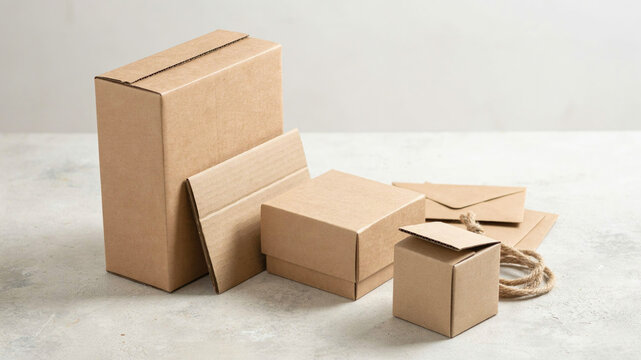 Set of various sized cardboard shipping boxes and twine on white surface