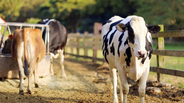 A black and white dairy cow standing peacefully in a sunny farm paddock with herd