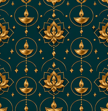 Elegant Golden Diya and Lotus Seamless Pattern on Dark Green Background