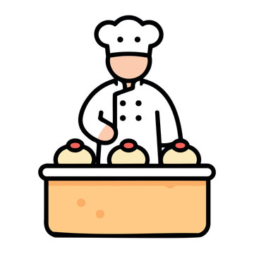 A baker wearing a chef's hat and uniform stands behind a tray of pastries.