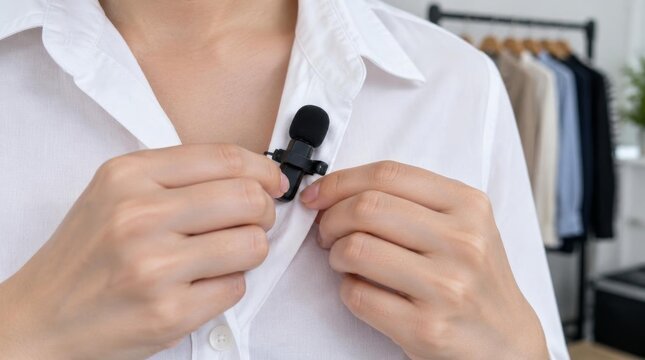 person clipping black microphone onto white shirt collar