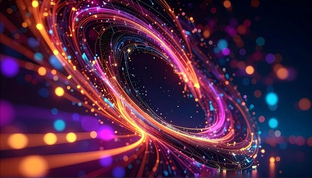 Futuristic quantum computing concept with spinning neon data vortex tunnel and golden particles in cyber space