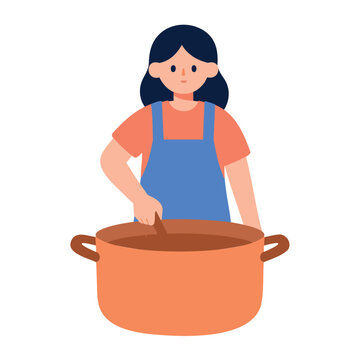 A young woman with dark hair stirs a pot of brown liquid wearing a blue apron and orange shirt.
